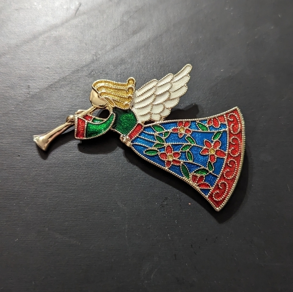Vintage Gold Tone Cloisonne Blue Green Red White Flower Angel Pin Brooch